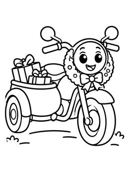 A cheerful cartoon motorcycle coloring page loaded with holiday gift boxes in its sidecar.