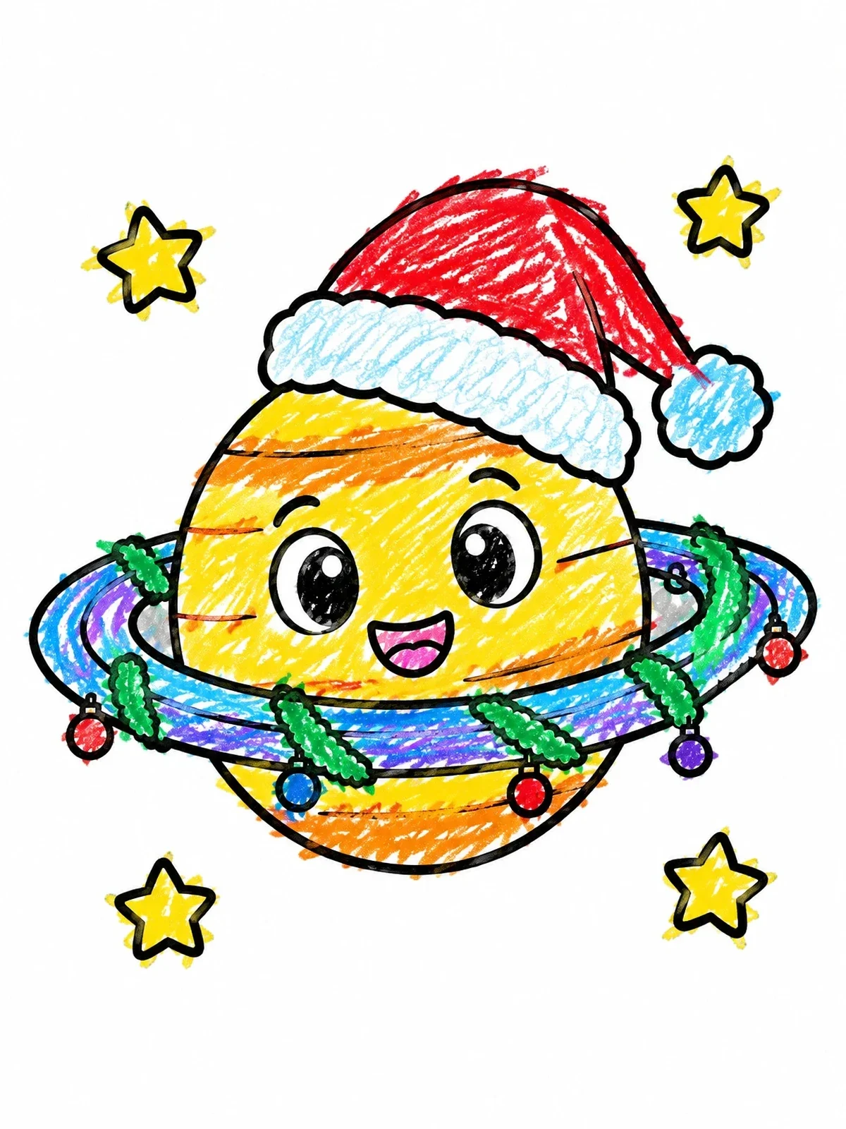 Colored example of the Festive Cartoon Saturn With Santa Hat coloring page