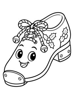 A cheerful tap dance shoe coloring page with holly patterns, striped laces, and bells.