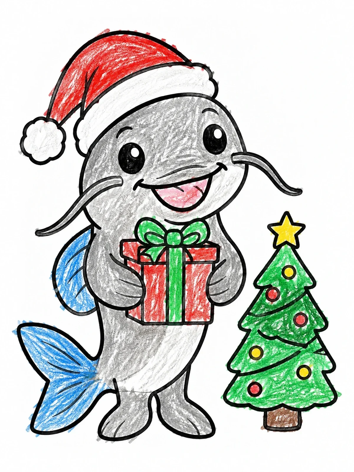 Colored example of the Festive Catfish With Christmas Gift coloring page
