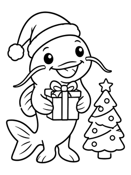Free printable Festive Catfish With Christmas Gift coloring page