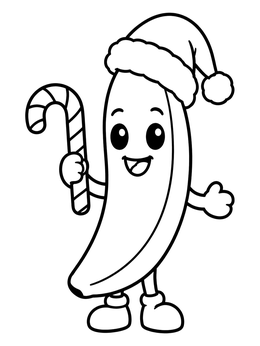 A cheerful holiday banana coloring page featuring a Santa hat and candy cane.