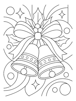 A decorative bell coloring page with holiday ribbon, holly leaves, and swirling patterns.