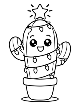 A festive cactus coloring page with fairy lights and a star on top.