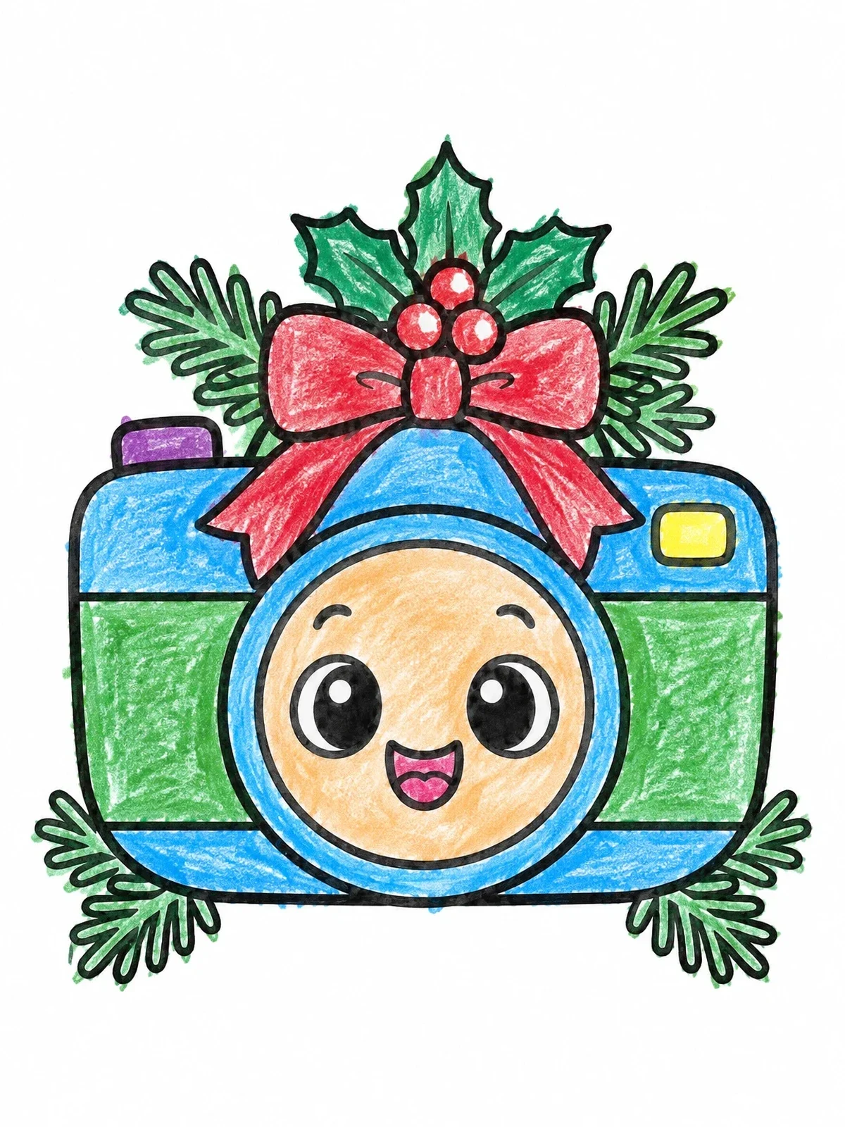 Colored example of the Festive Christmas Camera With Holly coloring page