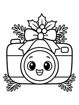 A festive camera coloring page decorated with holiday pine boughs, berries, and a big ribbon bow.