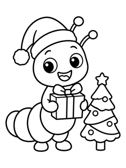 A cheerful caterpillar coloring page featuring a Santa hat, a wrapped gift, and a tiny Christmas tree.