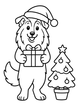 Free printable Festive Collie Holding Christmas Present coloring page