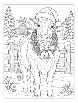 A festive christmas cow coloring page featuring a cow wearing a Santa hat and wreath in the snow.