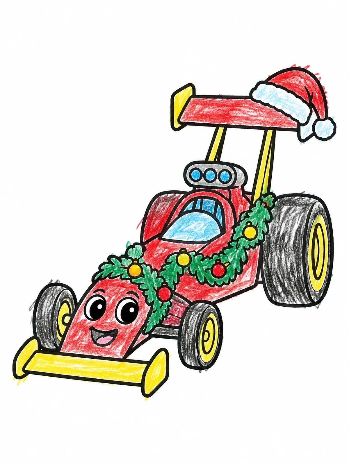 Colored example of the Festive Cartoon Christmas Dragster coloring page