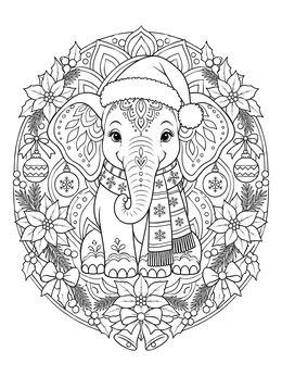 A cute christmas elephant coloring page with a Santa hat and festive mandala wreath.