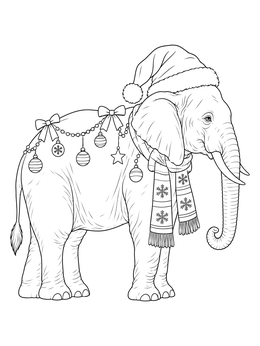 A detailed christmas elephant coloring page wearing a Santa hat and garland decorations.