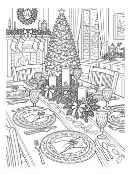 A festive christmas house coloring page featuring an elegant holiday dining table, tree, and fireplace.