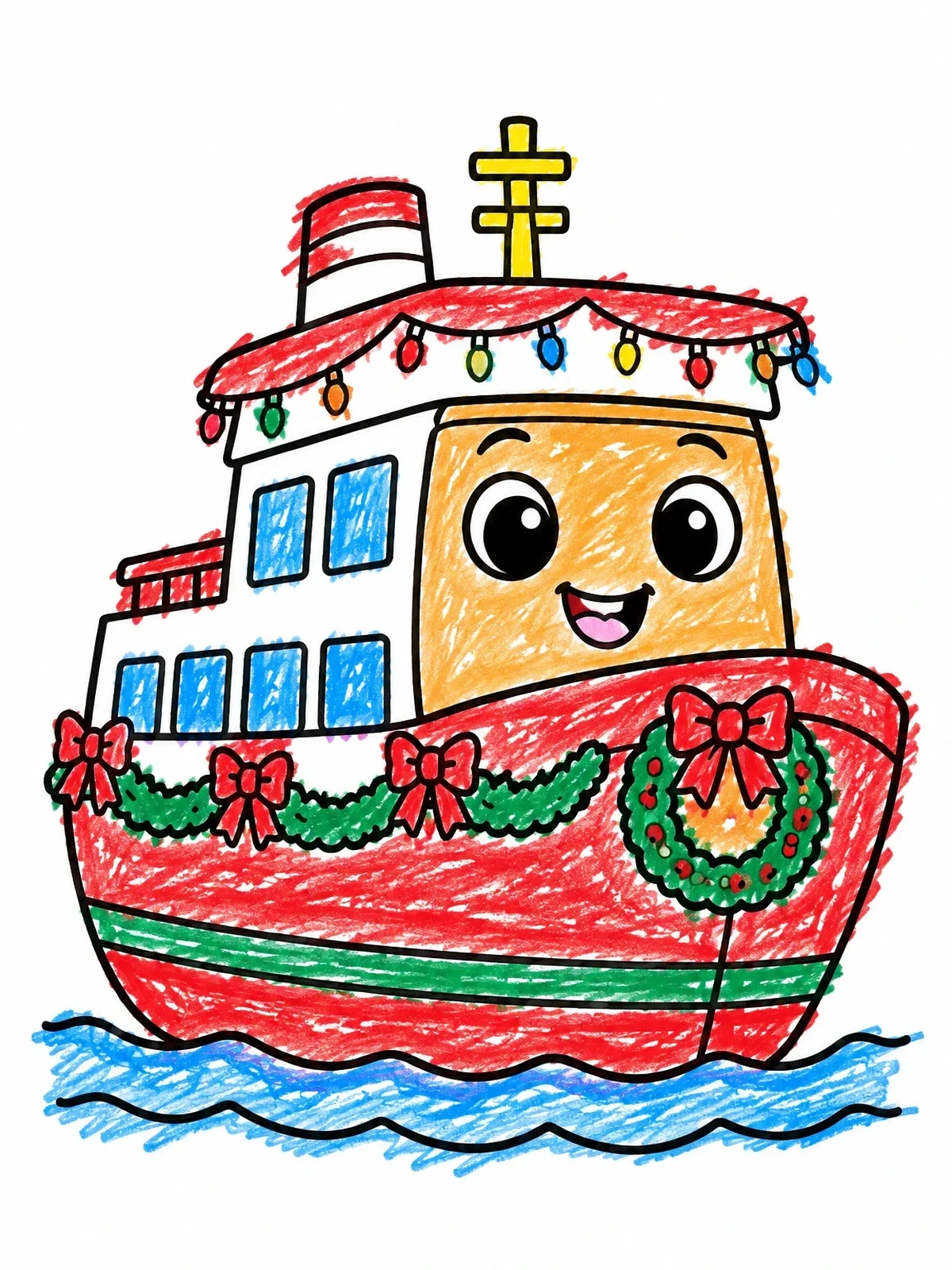 Colored example of the Festive Christmas Ferry Boat coloring page