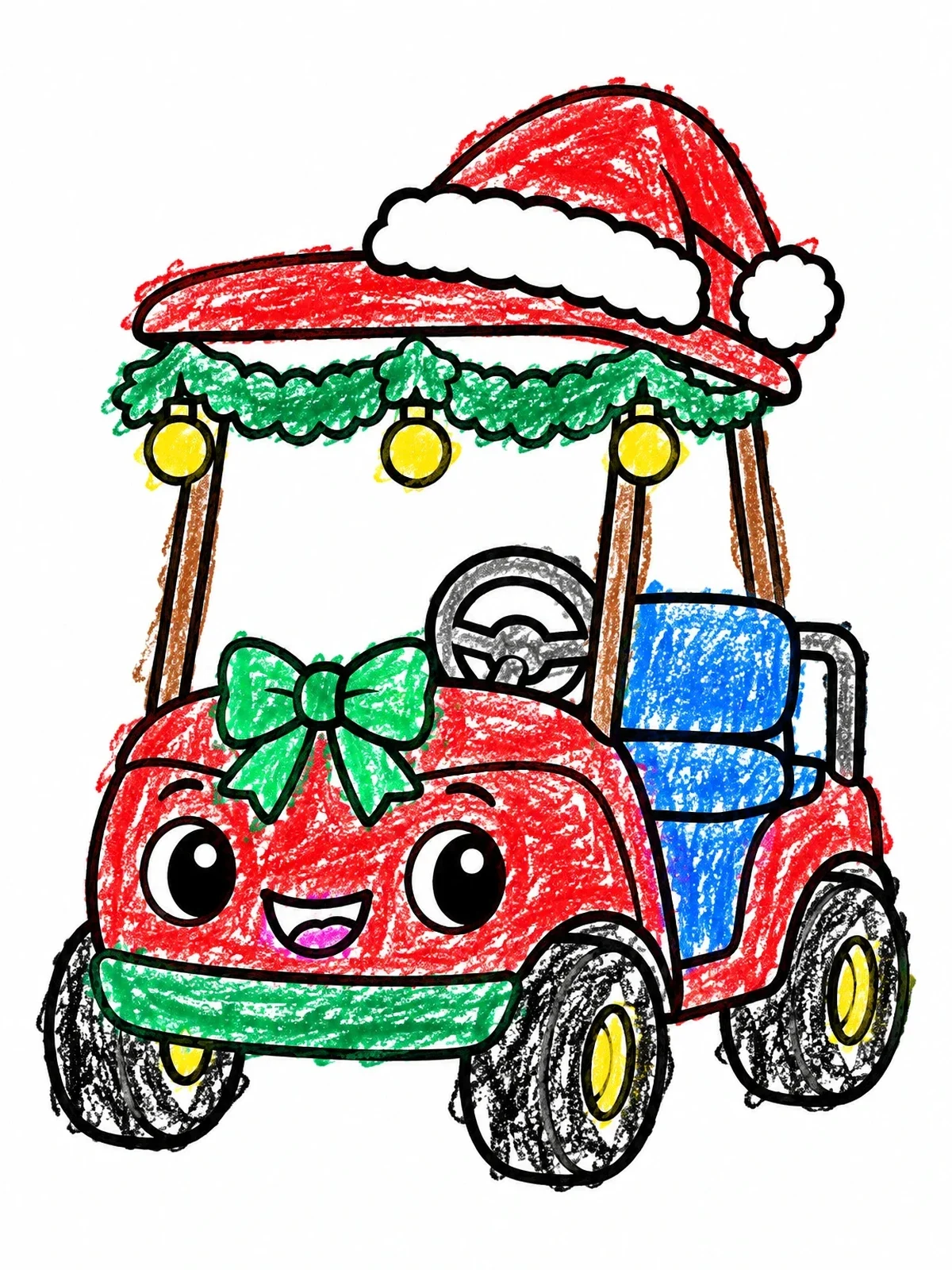 Colored example of the Festive Christmas Golf Cart Cartoon coloring page