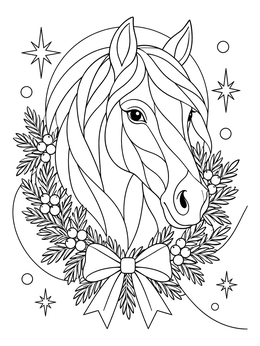 A festive christmas horse coloring page showing a horse framed by an evergreen wreath and bow.