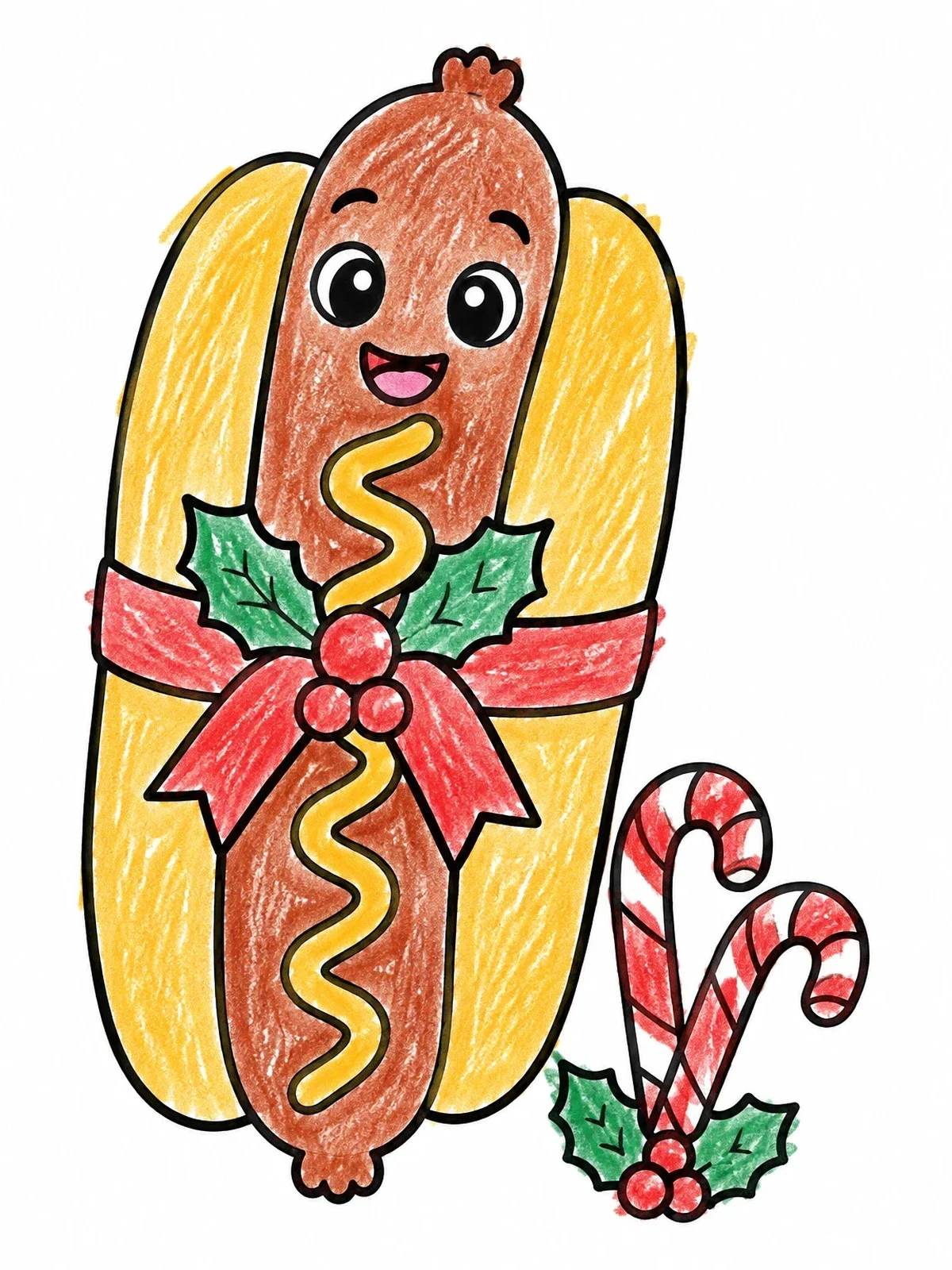 Colored example of the Festive Christmas Hot Dog Character coloring page