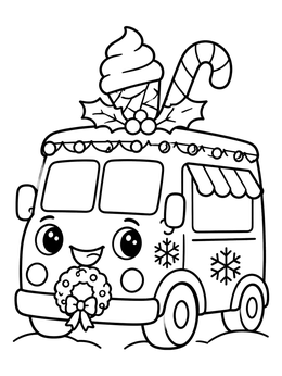 A cheerful holiday ice cream truck coloring page with wreath, snowflakes, and candy cane.