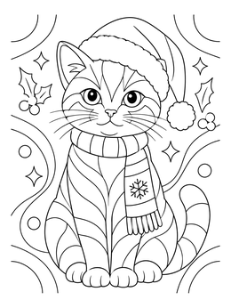 A cute christmas kitten coloring page featuring a cat in a Santa hat and patterned scarf.
