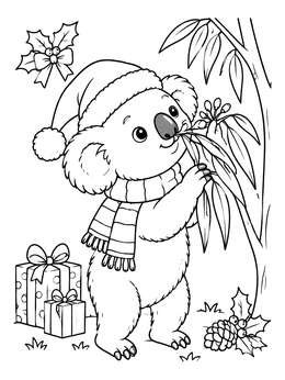 Free printable Festive Koala With Holiday Gifts coloring page