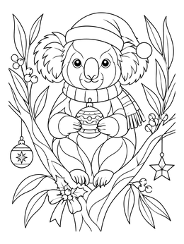 A cute christmas koala coloring page featuring a holiday hat, scarf, and ornaments.