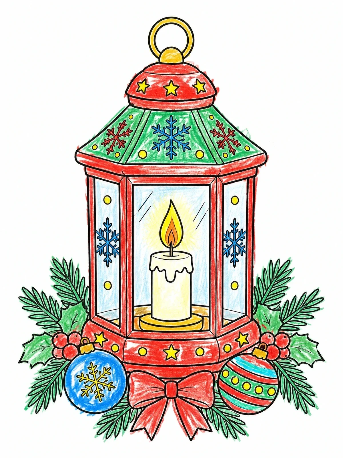 Colored example of the Festive Christmas Lantern With Candle coloring page