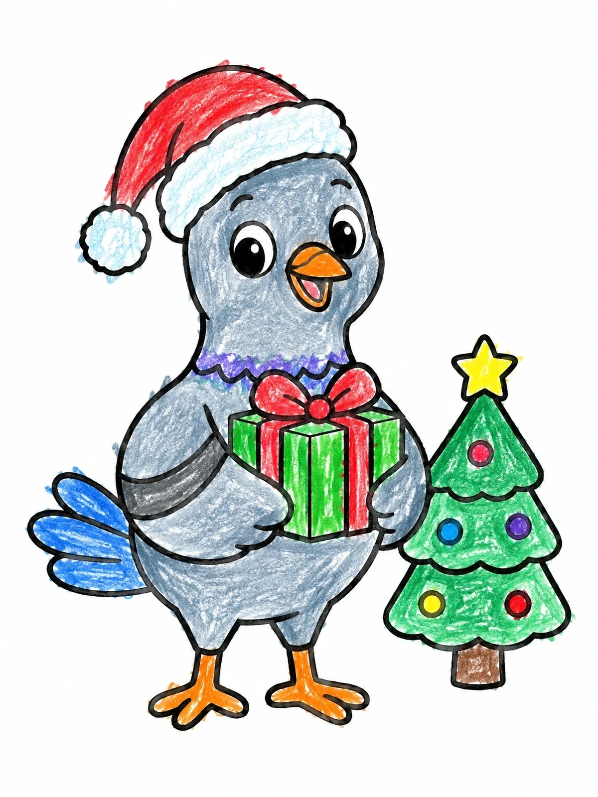 Colored example of the Festive Christmas Pigeon With Gift coloring page