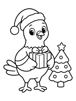A cheerful holiday pigeon coloring page holding a wrapped gift beside a Christmas tree.