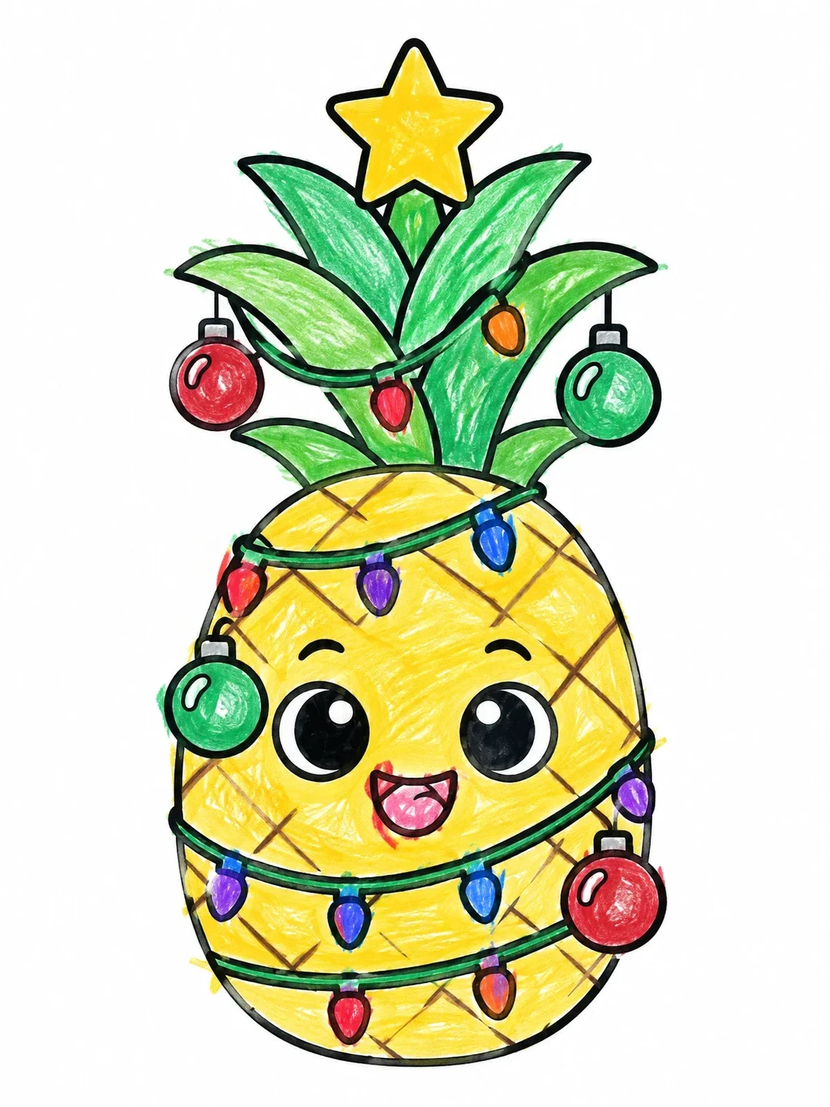 Colored example of the Festive Christmas Pineapple Character coloring page