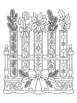 A decorative christmas science coloring page featuring test tubes filled with holiday botanicals and ornaments.