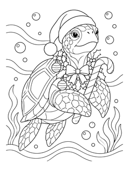 A cheerful christmas turtle coloring page featuring a sea turtle in a Santa hat holding a candy cane.
