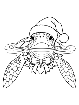 A festive sea turtle peeking above water wearing a hat in this christmas turtle coloring page.