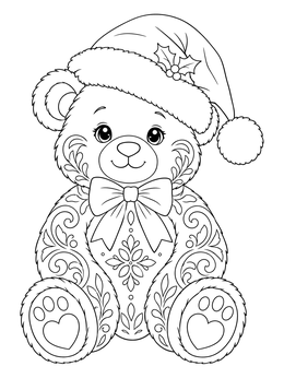 A decorative christmas bear coloring page featuring a teddy bear in a Santa hat.