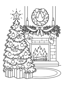 Free printable Festive Christmas Tree And Fireplace coloring page