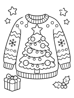 A holiday ugly sweater coloring page with a decorated tree, pom-poms, and stars.