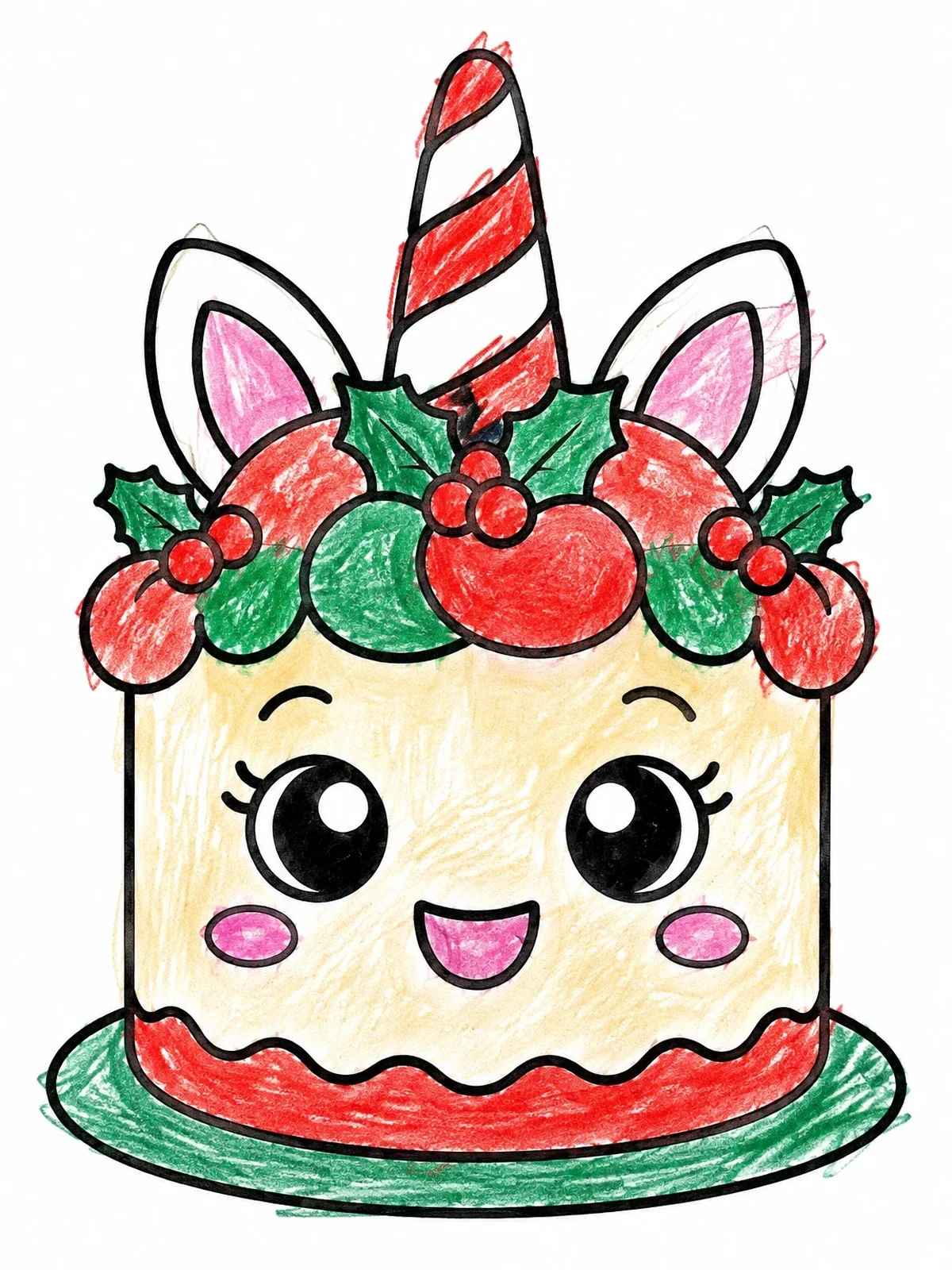 Colored example of the Festive Christmas Unicorn Cake coloring page