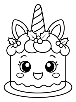 A cute festive unicorn cake coloring page decorated with holly berries.