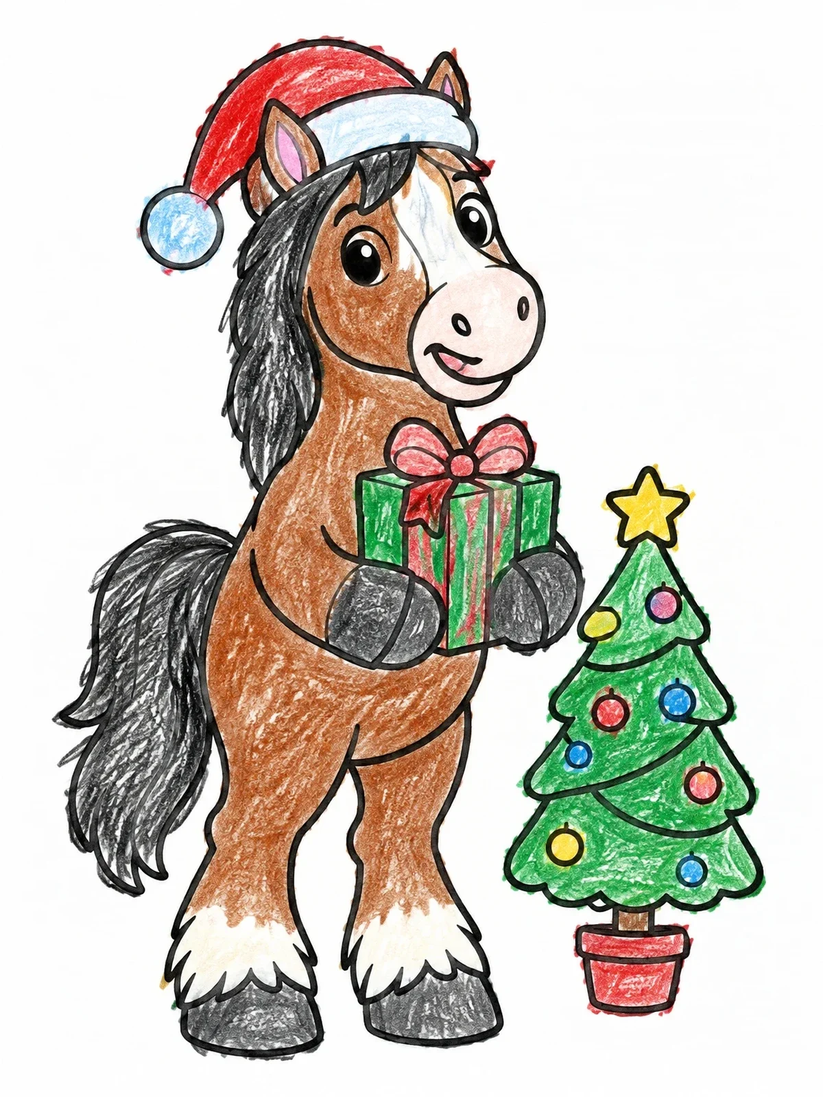 Colored example of the Festive Clydesdale With Christmas Gift coloring page