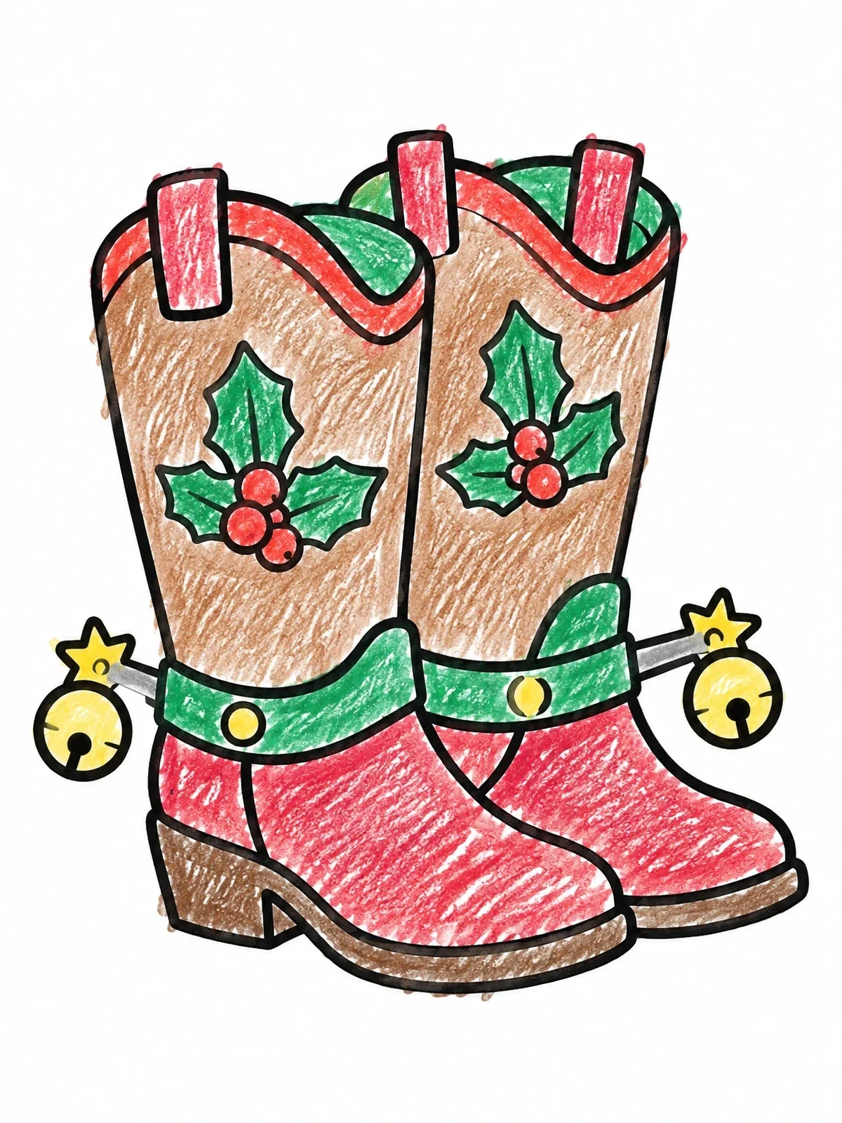 Colored example of the Festive Cowboy Christmas Boots coloring page