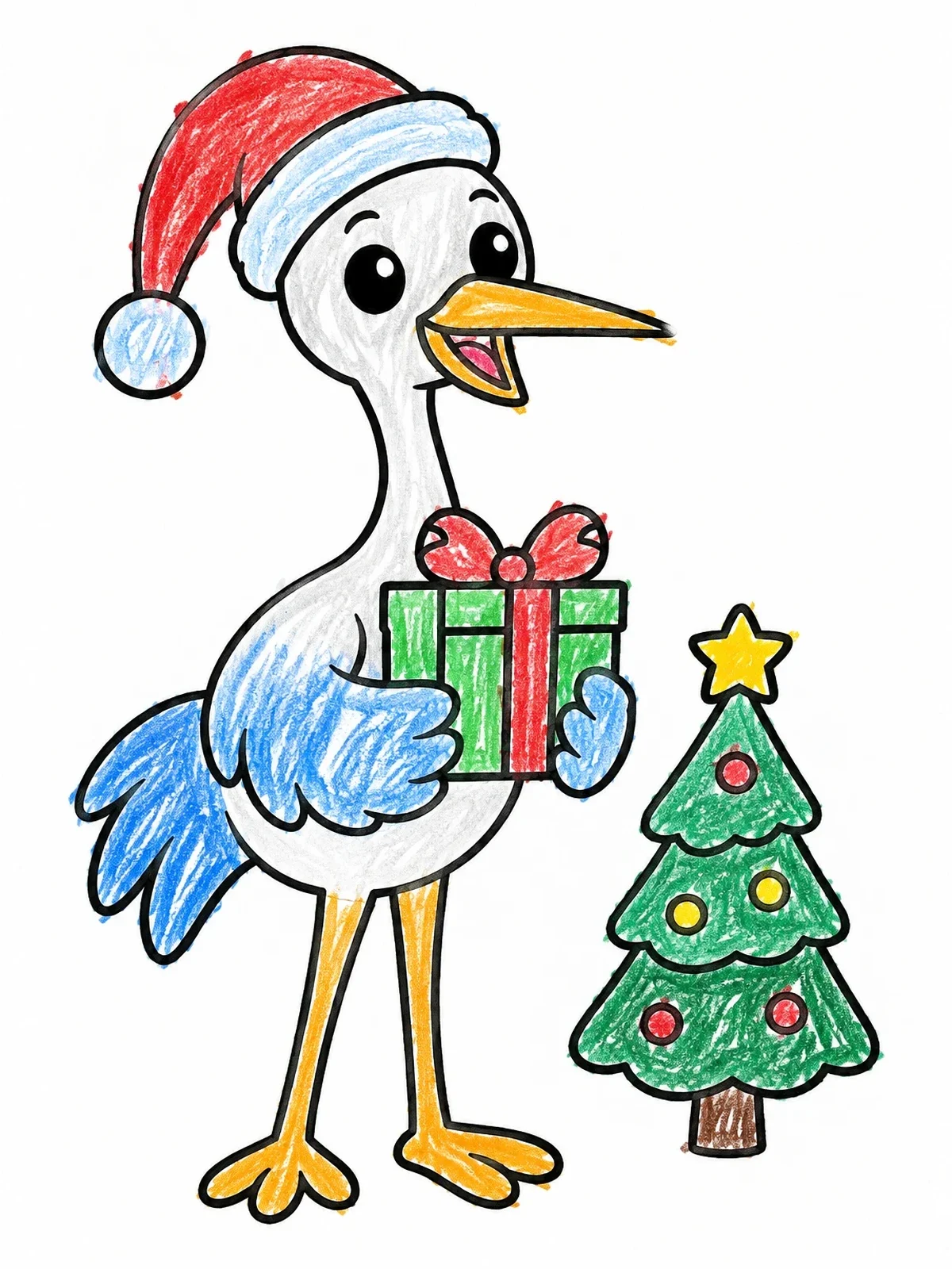 Colored example of the Festive Crane With Christmas Gift coloring page