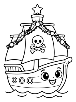 A cheerful cartoon pirate ship coloring page adorned with holiday garlands and a star.