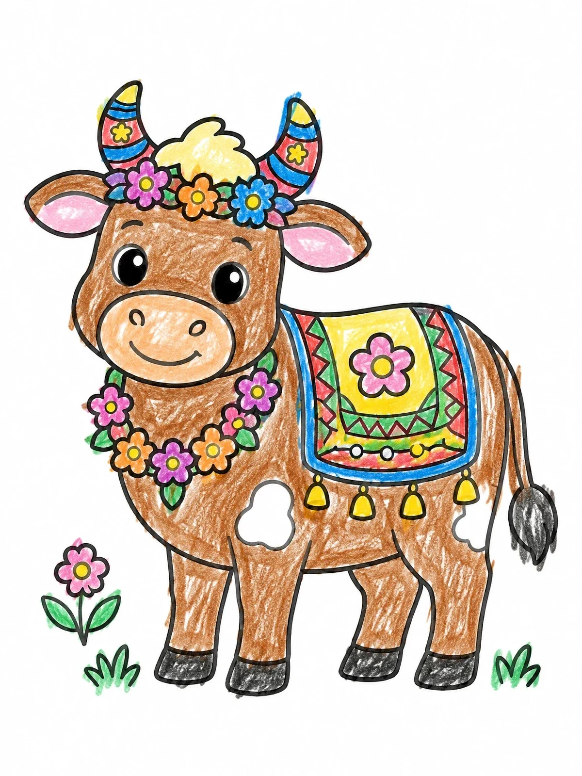 Colored example of the Festive Decorated Sankranti Cow coloring page