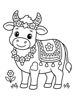 Free printable Festive Decorated Sankranti Cow coloring page