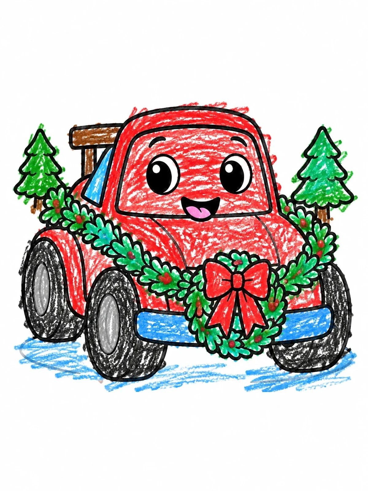 Colored example of the Festive Cartoon Derby Car With Wreath coloring page