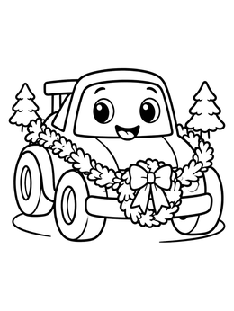 A friendly derby car coloring page adorned with a holiday wreath and festive garland.