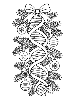 A festive DNA double helix decorated with ornaments on this christmas science coloring page.
