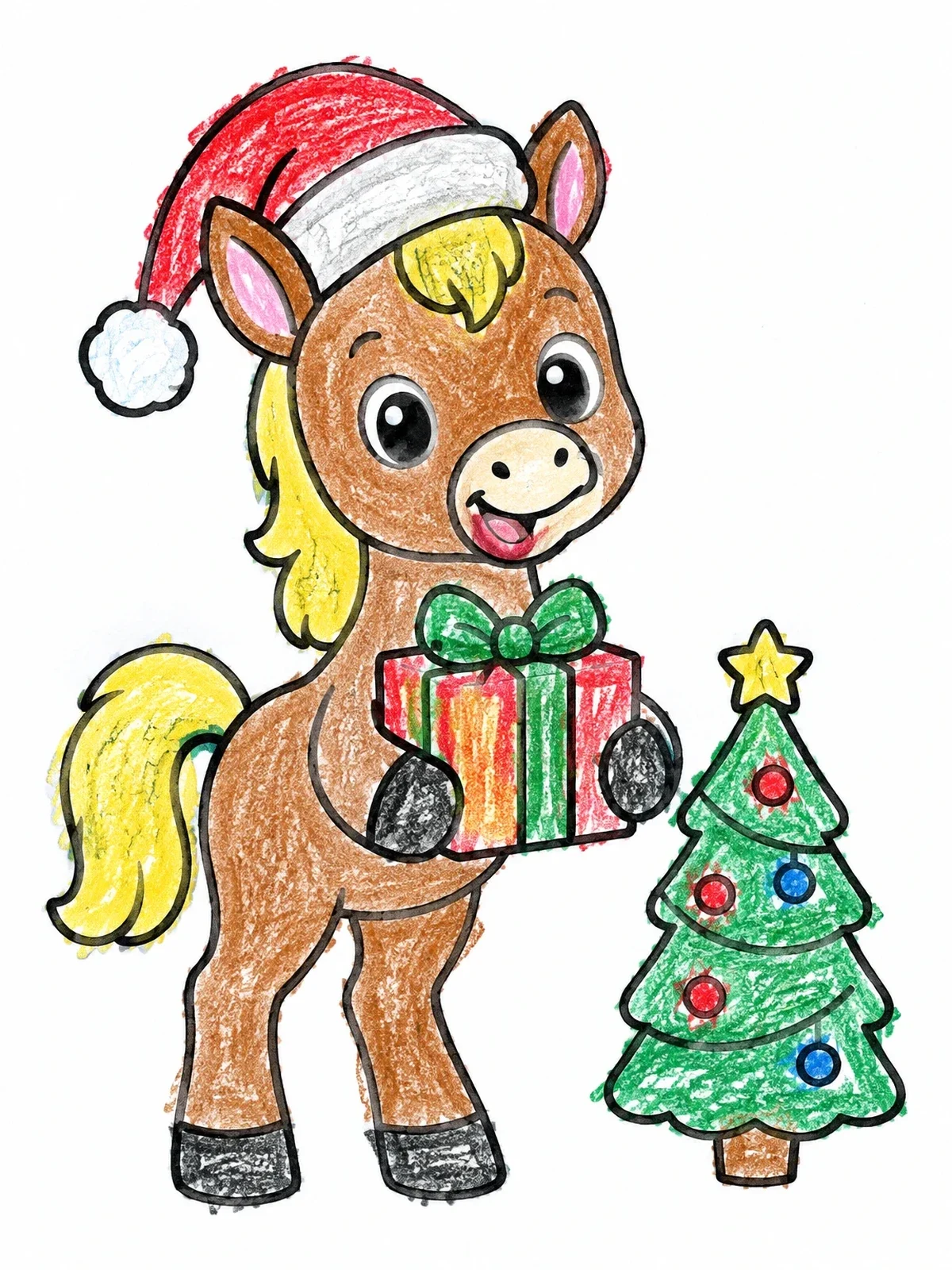 Colored example of the Festive Foal With Christmas Gift coloring page