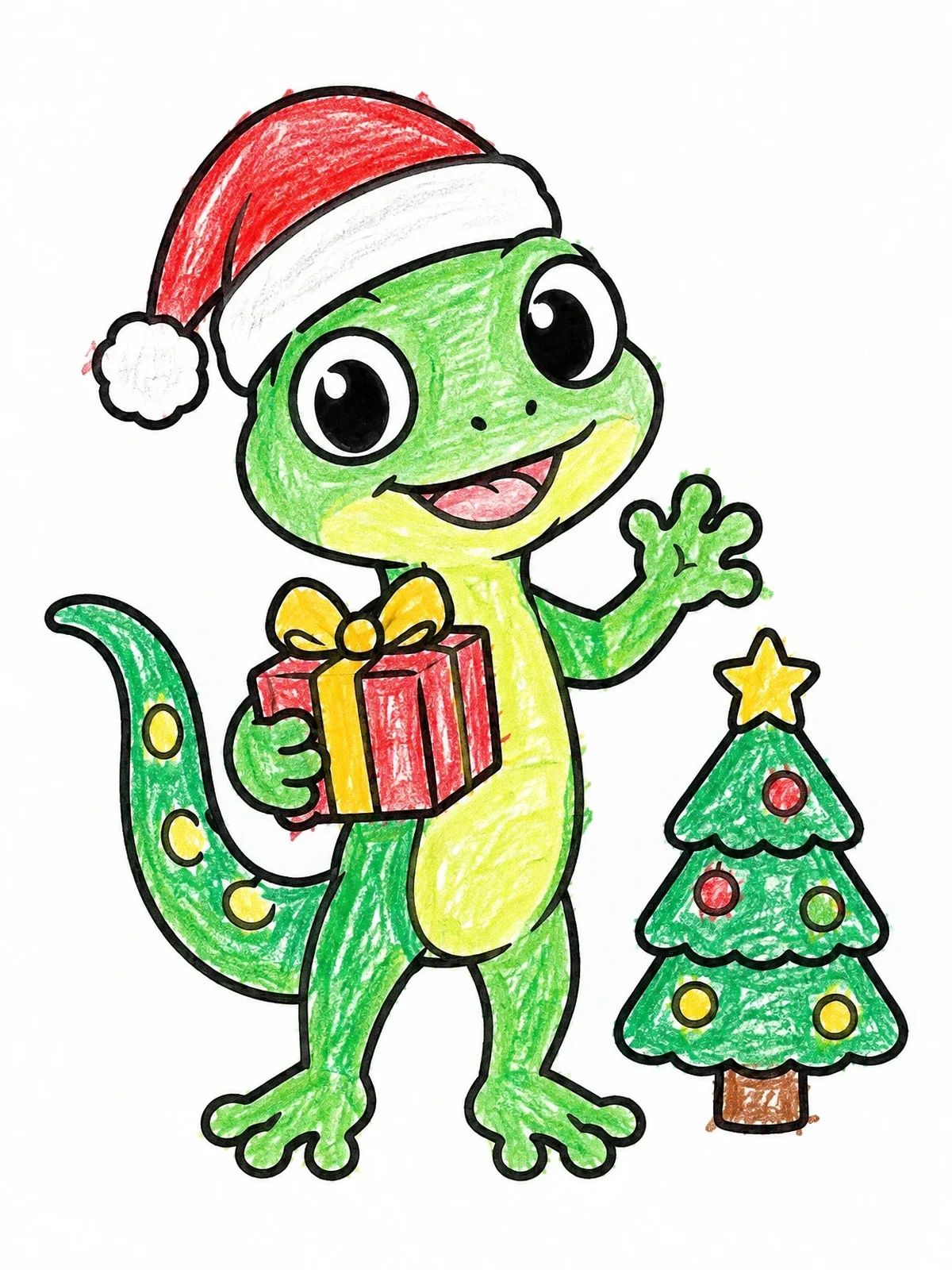 Colored example of the Festive Gecko With Christmas Present coloring page