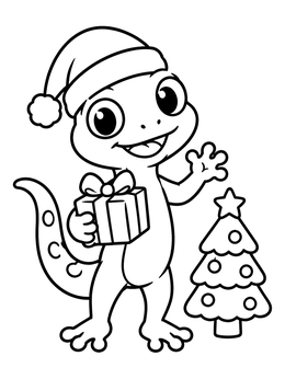 A festive gecko coloring page with a Santa hat holding a gift beside a Christmas tree.