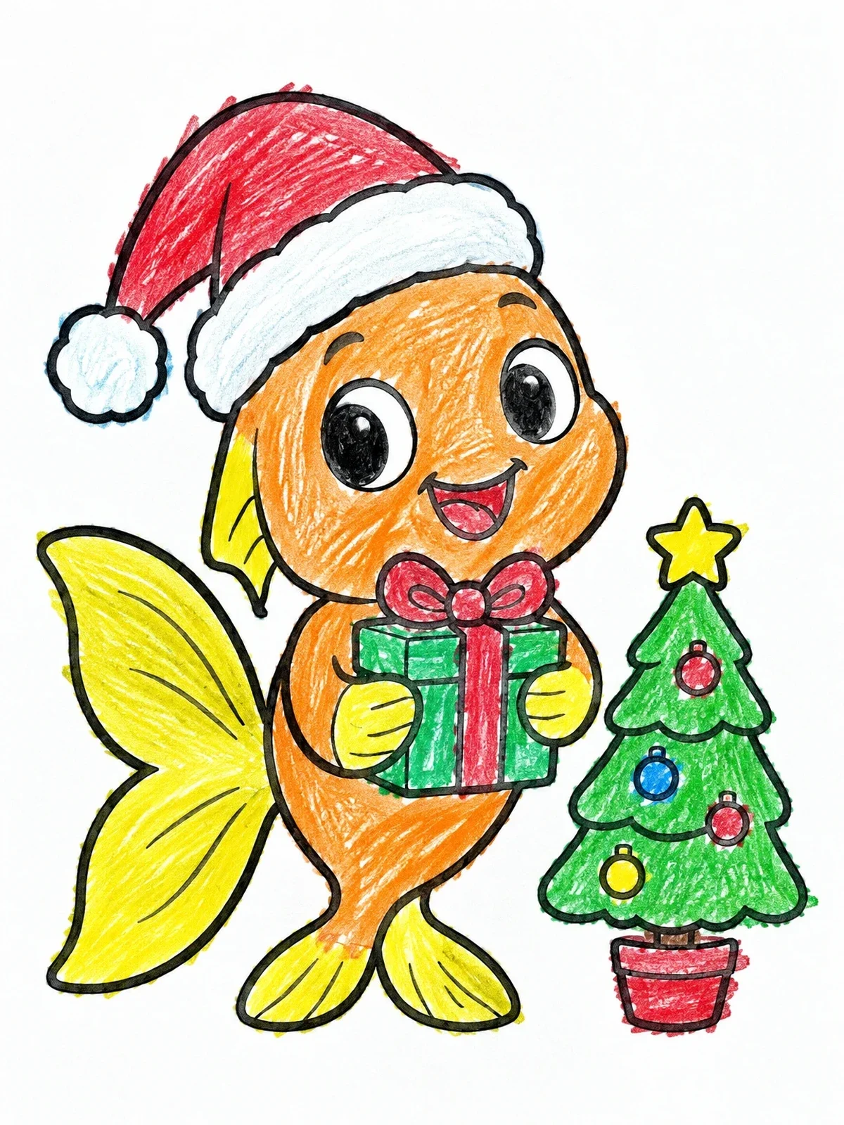 Colored example of the Festive Goldfish With Christmas Tree coloring page